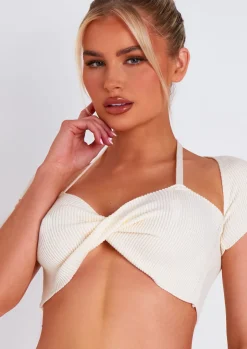 Anna Ivory Twist Front Cap Sleeve Crop Top