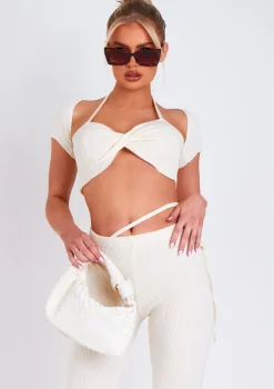 Anna Ivory Twist Front Cap Sleeve Crop Top