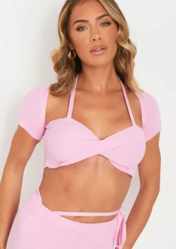 Anna Pink Twist Front Cap Sleeve Crop Top