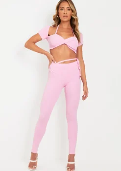 Anna Pink Twist Front Cap Sleeve Crop Top