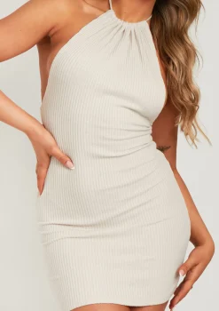 Anneka Beige Low Back Ribbed Halterneck Dress