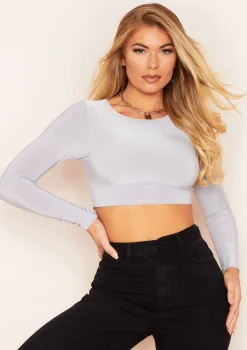 Anni Grey Slinky Long Sleeve Crop Top