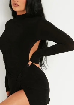 Annya Black High Neck Acetate Slinky Ruched Side Extreme Thigh Split Micro Mini Dress