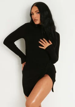Annya Black High Neck Acetate Slinky Ruched Side Extreme Thigh Split Micro Mini Dress