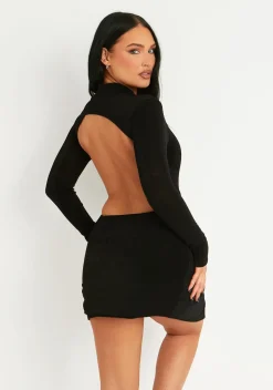 Annya Black High Neck Acetate Slinky Ruched Side Extreme Thigh Split Micro Mini Dress