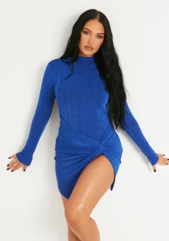 Annya Blue High Neck Acetate Slinky Ruched Side Extreme Thigh Split Micro Mini Dress