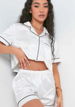 Anya Cream Satin Button Front Crop Top and Shorts Pyjama Set