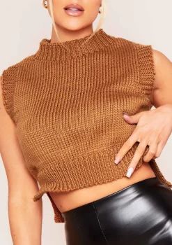 Ariana Camel Cropped Knitted Sleeveless Vest