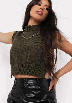 Ariana Khaki Cropped Knitted Sleeveless Vest