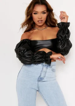 Ariel Black PU Ruched Sleeve Crop Top