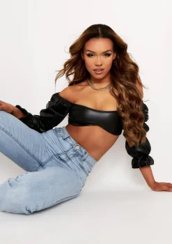 Ariel Black PU Ruched Sleeve Crop Top