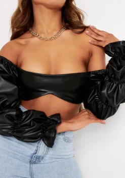 Ariel Black PU Ruched Sleeve Crop Top