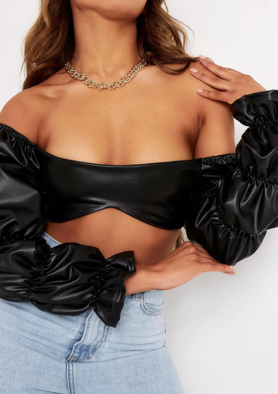 Ariel Black PU Ruched Sleeve Crop Top