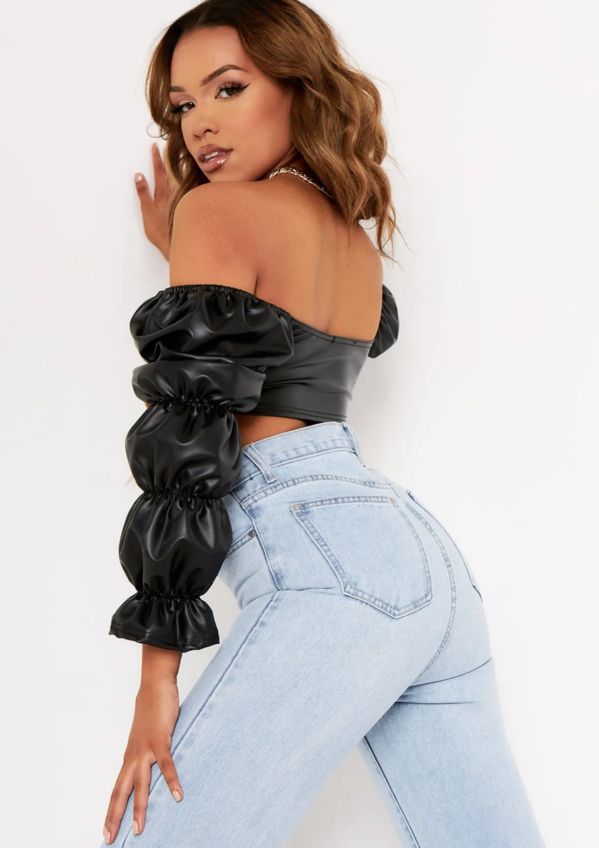 Ariel Black PU Ruched Sleeve Crop Top