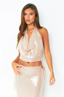 Arya Champagne Wet Look Cowl Neck Sequin Top