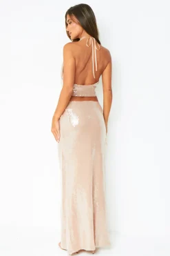 Arya Champagne Wet Look Cowl Neck Sequin Top