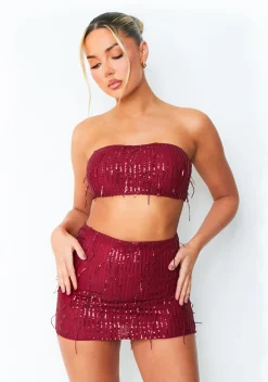 Athena Wine Tassel Sequin Bandeau Top