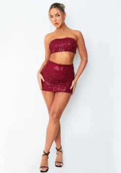 Athena Wine Tassel Sequin Bandeau Top