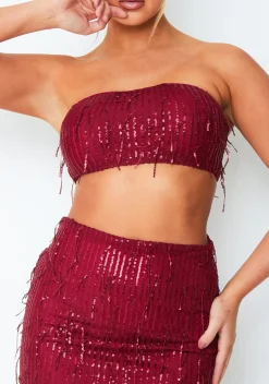 Athena Wine Tassel Sequin Bandeau Top