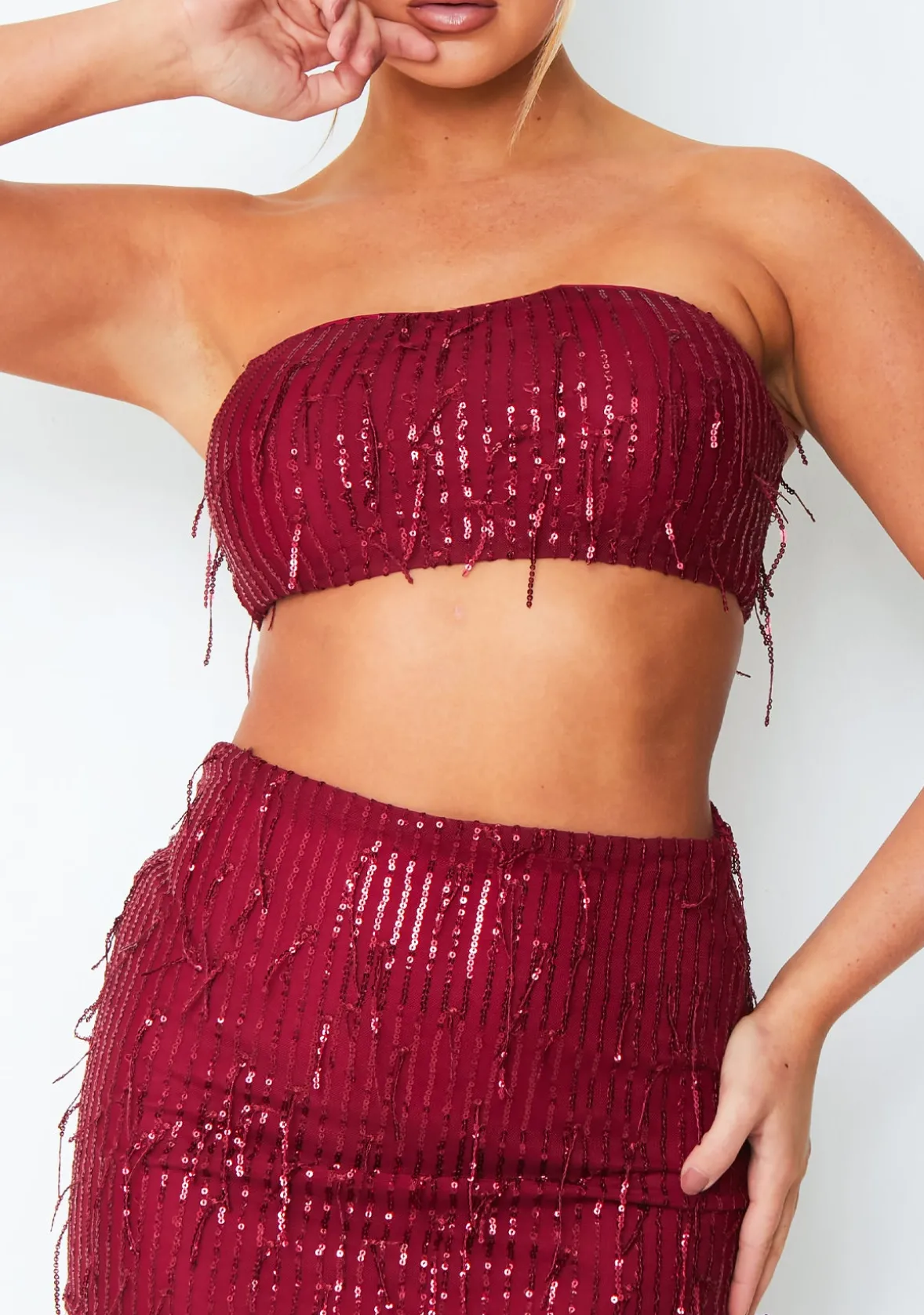 Athena Wine Tassel Sequin Bandeau Top