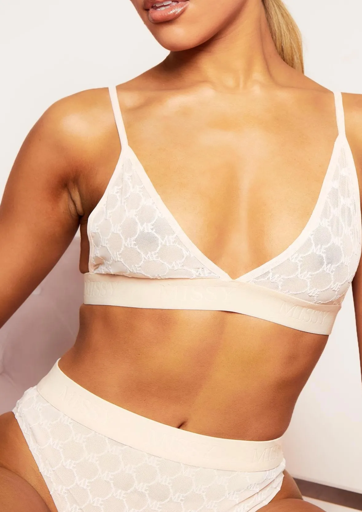Aviana Nude Missy Empire Embroidered Mesh Tape Triangle Bra