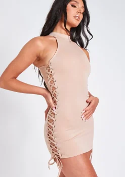 Ayeisha Beige Lace Up Detail High Neck Racer Mini Dress