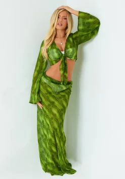 Ayla Green Wide Sleeve Tie Front Top