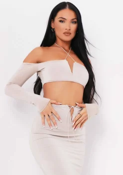 Aziza Sand Halterneck V Bar Cold Shoulder Crop Top