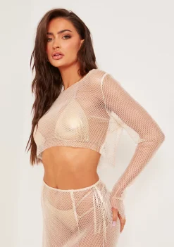Bailey Beige Lurex Shimmer Fishnet Mesh Top