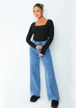 Bailey Black Square Neck Long Sleeve Slinky Bodysuit