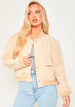 Becca Beige Button Up Cropped Bomber Jacket