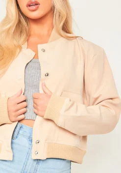 Becca Beige Button Up Cropped Bomber Jacket