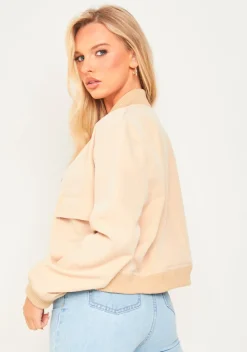 Becca Beige Button Up Cropped Bomber Jacket