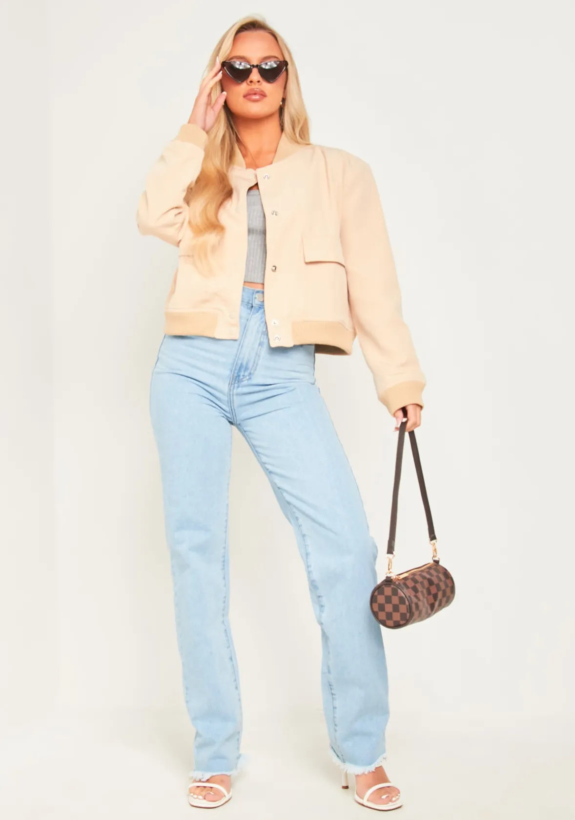 Becca Beige Button Up Cropped Bomber Jacket