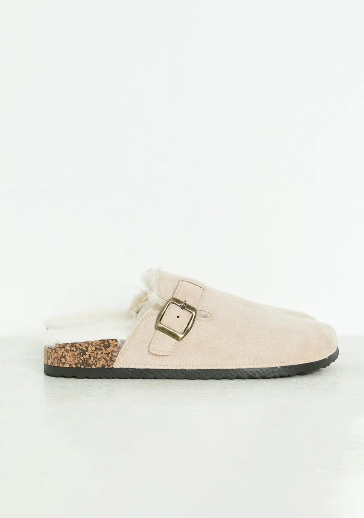 Becky Beige Faux Fur Lined Buckle Sliders