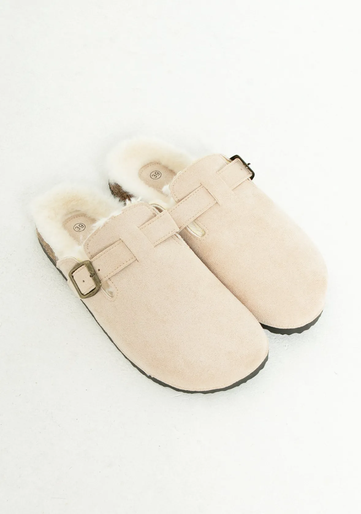 Becky Beige Faux Fur Lined Buckle Sliders