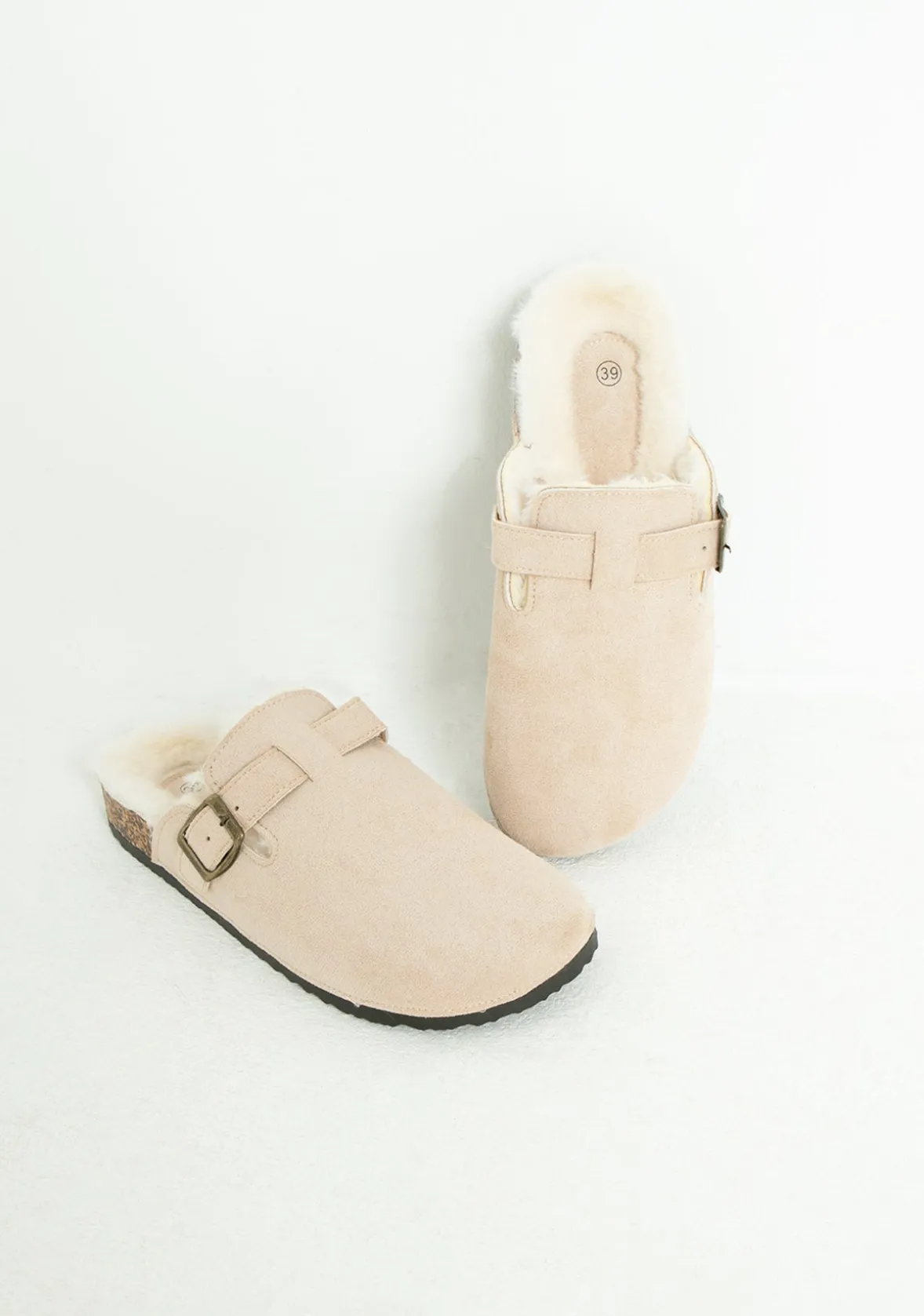 Becky Beige Faux Fur Lined Buckle Sliders