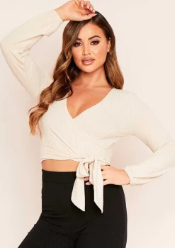 Bella Beige Wrap Front Ribbed Top