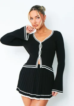 Bella Black Long Sleeve Cardigan With White Trim