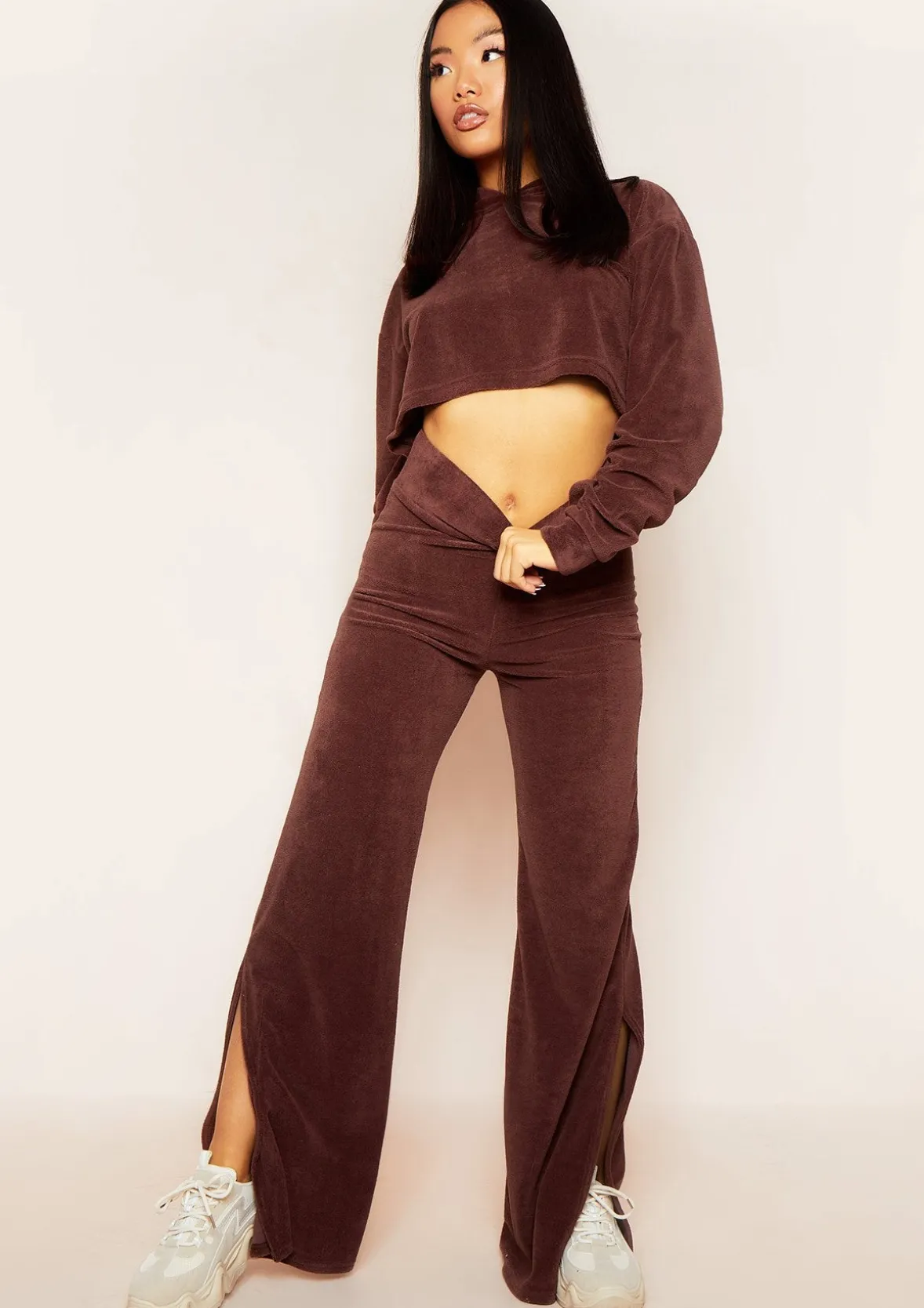 Belle Chocolate Velour Split Hem Joggers
