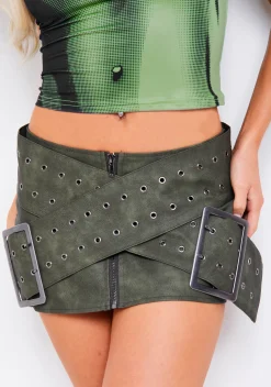Beth Green Crossover Belt PU Mini Skirt