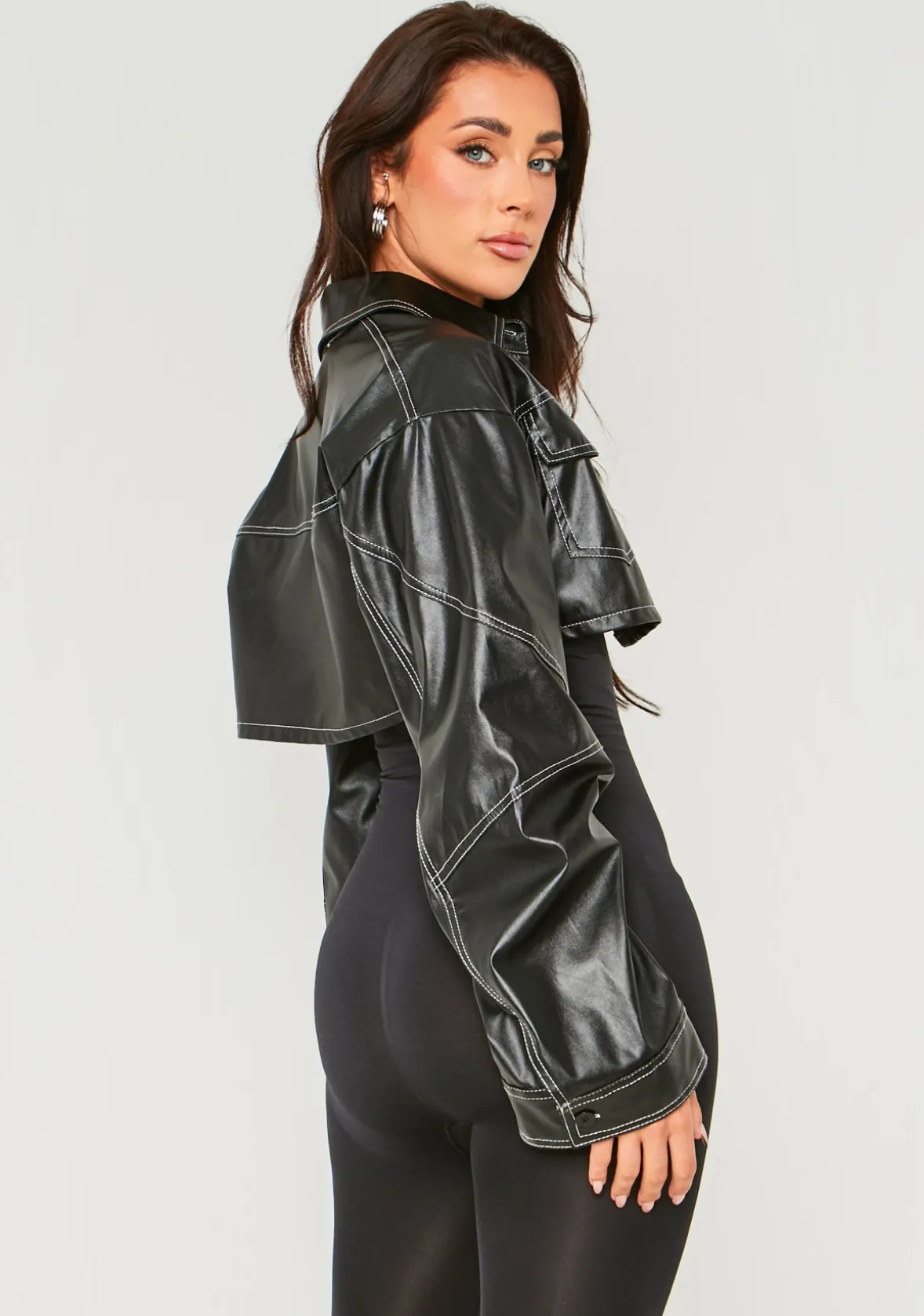 Bethanie Black PU Contrast Seam Cropped Jacket