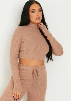 Billie Brown Rib High Neck Crop Top