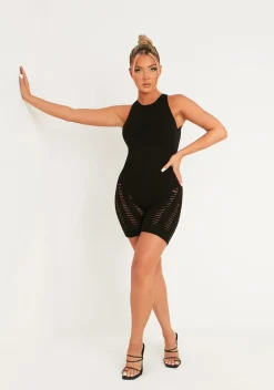 Black Jazmyn Racer Knit Laddered Unitard