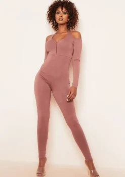 Bonnie Mocha Halterneck Cut Out Long Sleeve Zip Up Jumpsuit