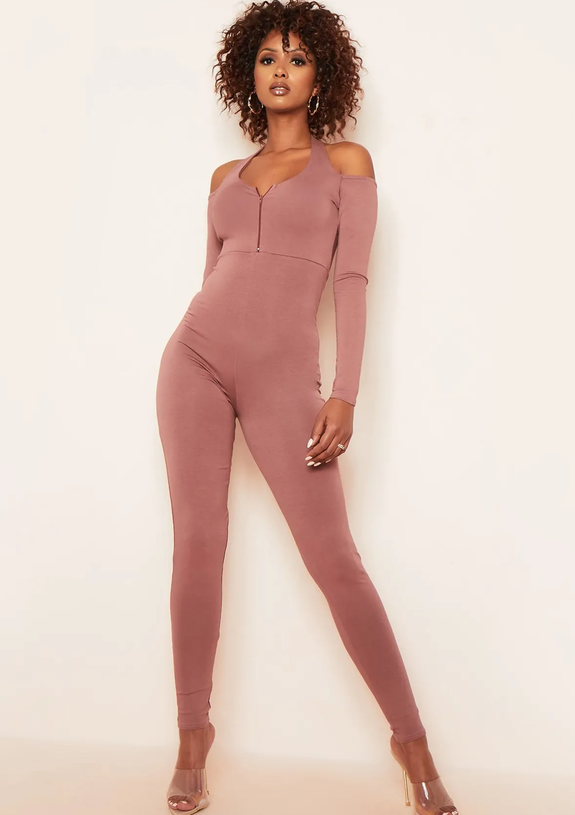 Bonnie Mocha Halterneck Cut Out Long Sleeve Zip Up Jumpsuit