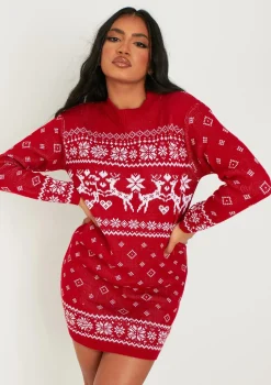 Bridget Red Knitted Reindeer Mini Dress