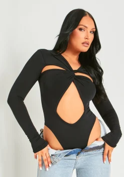 Bronte Black Cut Out Asymmetric Long Sleeve Bodysuit
