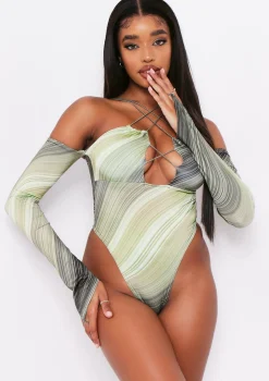 Brooklyn Green Print Slinky Cross Over Bodysuit