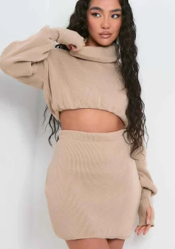 Brylee Beige Cropped Knitted Jumper Co-ord